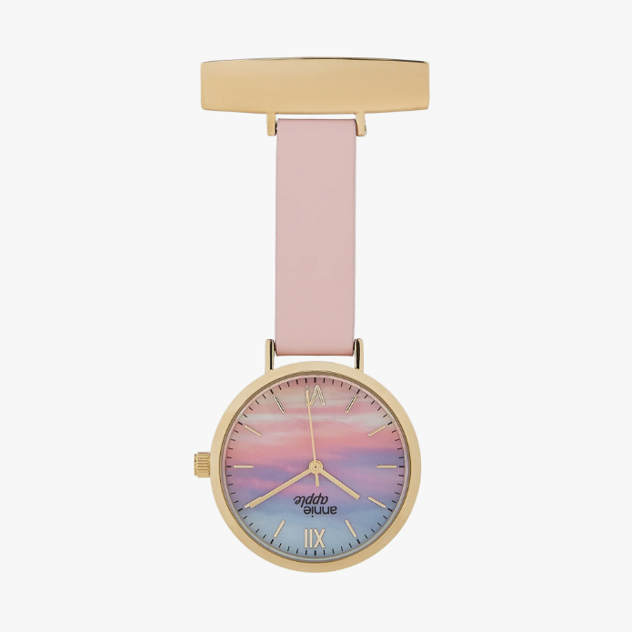 Annie Apple Nurses Taschenuhr – Meraki – Sunset Gold – Blush-Leder – 35 mm