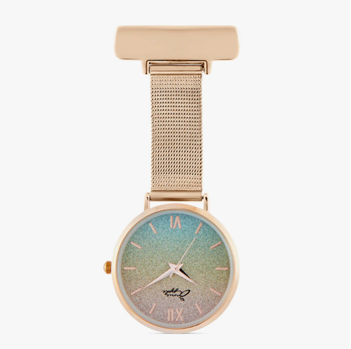 Annie Apple Nurses Taschenuhr – Aurora – Glitzer-Regenbogen/Roségold – Mesh – 35 mm