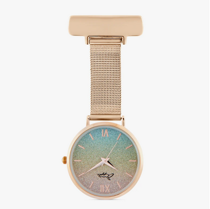 Annie Apple Nurses Taschenuhr – Aurora – Glitzer-Regenbogen/Roségold – Mesh – 35 mm