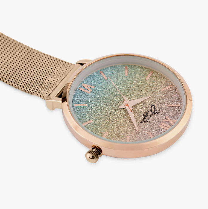 Annie Apple Nurses Taschenuhr – Aurora – Glitzer-Regenbogen/Roségold – Mesh – 35 mm