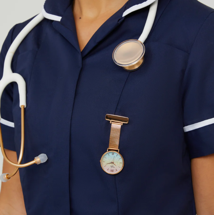 Annie Apple Nurses Taschenuhr – Aurora – Glitzer-Regenbogen/Roségold – Mesh – 35 mm
