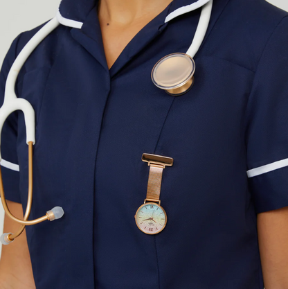 Annie Apple Nurses Taschenuhr – Aurora – Glitzer-Regenbogen/Roségold – Mesh – 35 mm