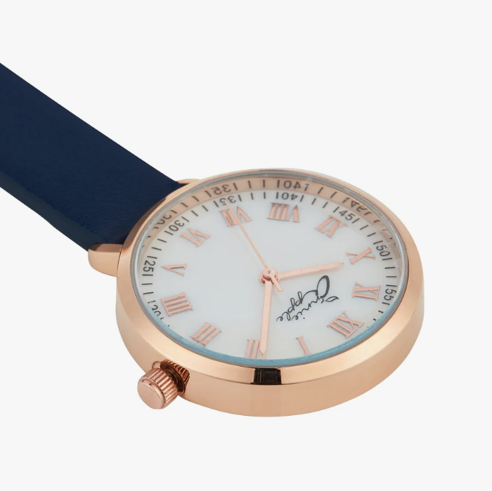 Relógio de bolso Annie Apple Meraki em madrepérola, ouro rosa e couro azul-marinho