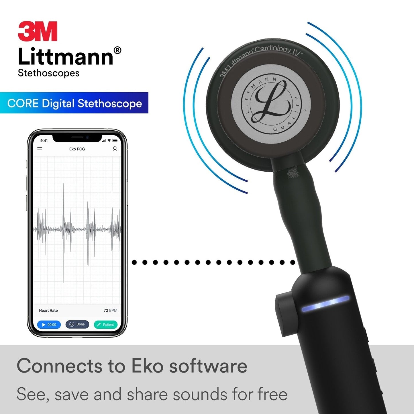 3M™ Littmann® CORE Digital -stetoskooppi, peilipintainen rintakappale,  musta letkusto, letkusto ja kuuntelukaaret, 69 cm, 8869