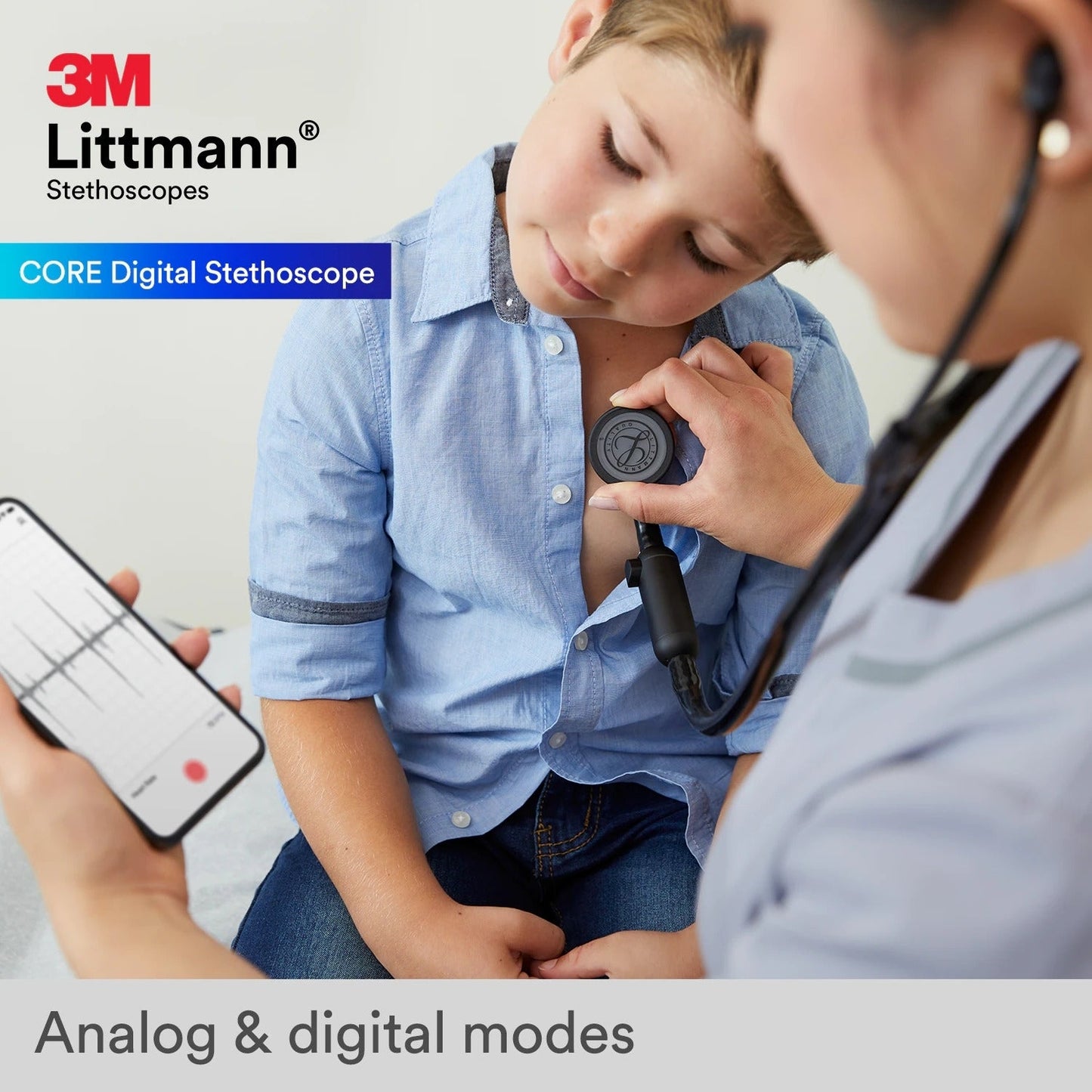 3M™ Littmann® CORE Digital -stetoskooppi,  kiiltävä kupariviimeistelty rintakappale, musta letkusto, letkusto ja kuuntelukaaret, 69 cm, 8863