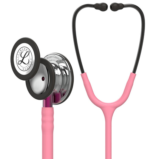 3M™ Littmann® Classic III™ Stethoskop zur Überwachung, 5962, hochglanzpoliertes Bruststück, perlmuttfarbener Schlauch, pinkfarbener Schlauchanschluss und rauchfarbene Ohrbügel, 69 cm