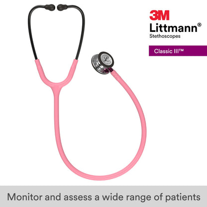 Fonendoscopio para monitorización 3M™ Littmann® Classic III™, campana de acabado en espejo, tubo color rosa perla, vástago rosa y auricular color gris humo, 68,5 cm, 5962
