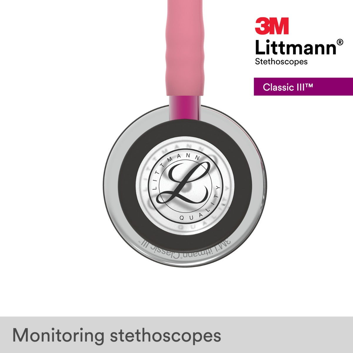 Stéthoscope de surveillance 3M™ Littmann® Classic III™, tubulure rose nacré, Édition Miroir, base rose et lyre Smoke, 69 cm, 5962