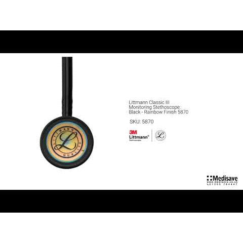 3M™ Littmann® Classic III™ Stethoskop zur Überwachung, 5870, regenbogenfarbenes Bruststück, Schlauchanschluss und Ohrbügel in Schwarz, schwarzer Schlauch, 69 cm