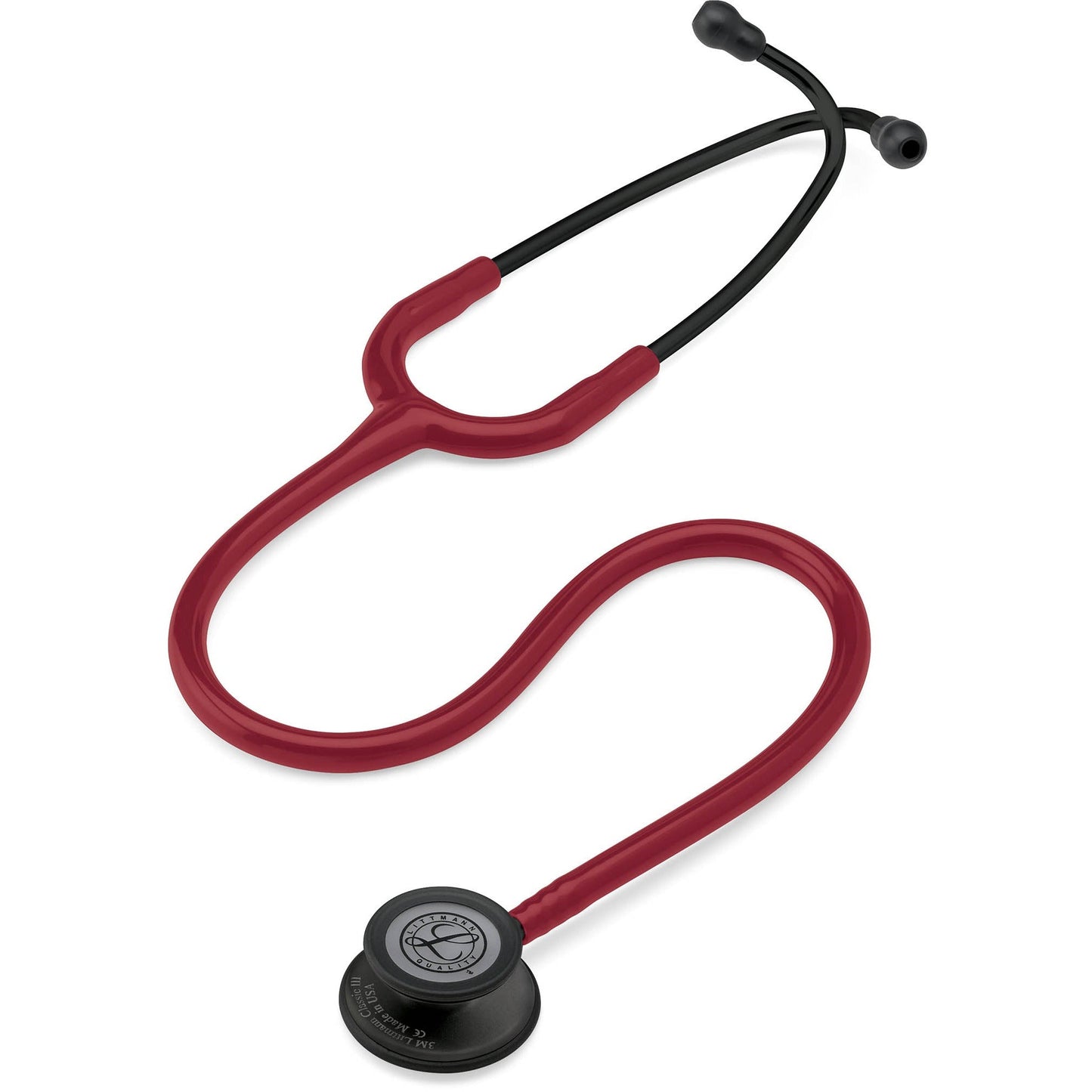 3M™ Littmann® Classic III™ -stetoskooppi, tarkkailuun, musta rintakappale, suppilo ja kuuntelukaaret sekä viininpunainen letkusto, 27 tuumaa, 5868
