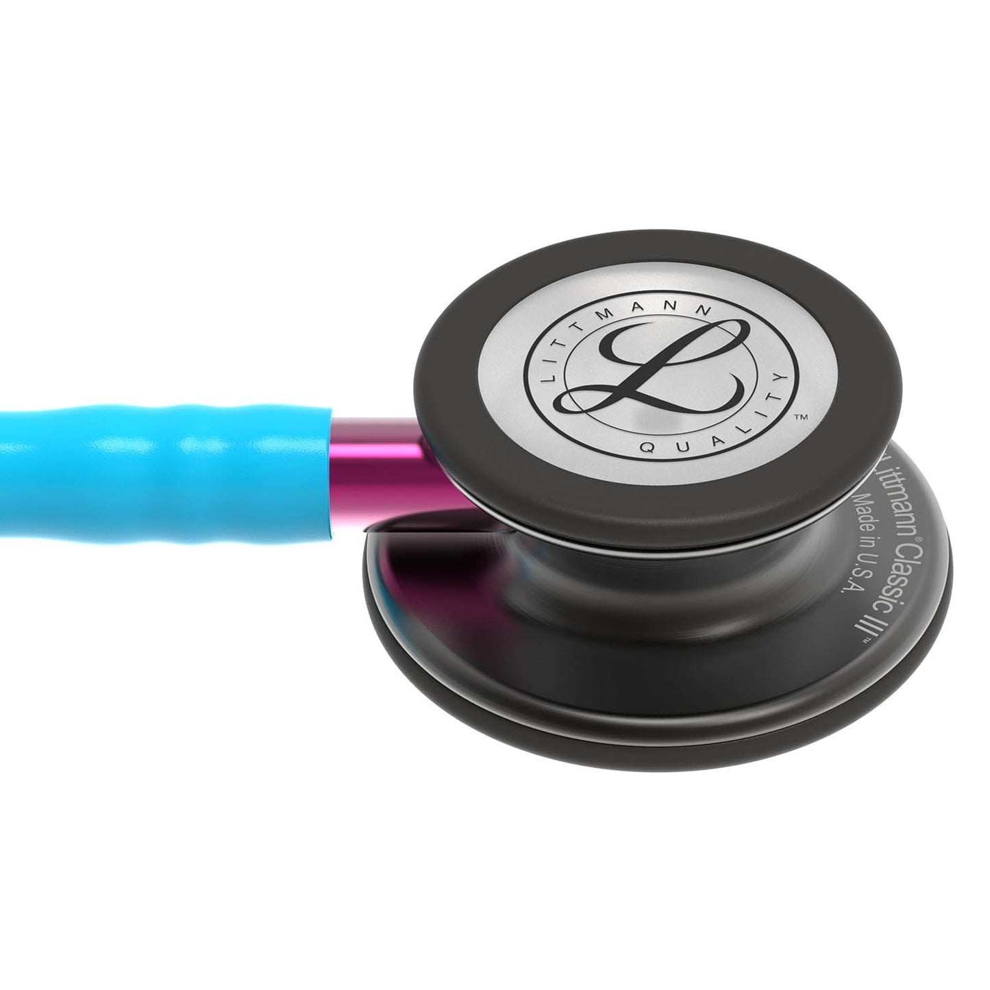 3M™ Littmann® Classic III™ Stethoskop zur Überwachung, 5872, Smoke-Edition Bruststück, türkisfarbener Schlauch, pinkfarbener Schlauchanschluss und rauchfarbener Ohrbügel, 69 cm
