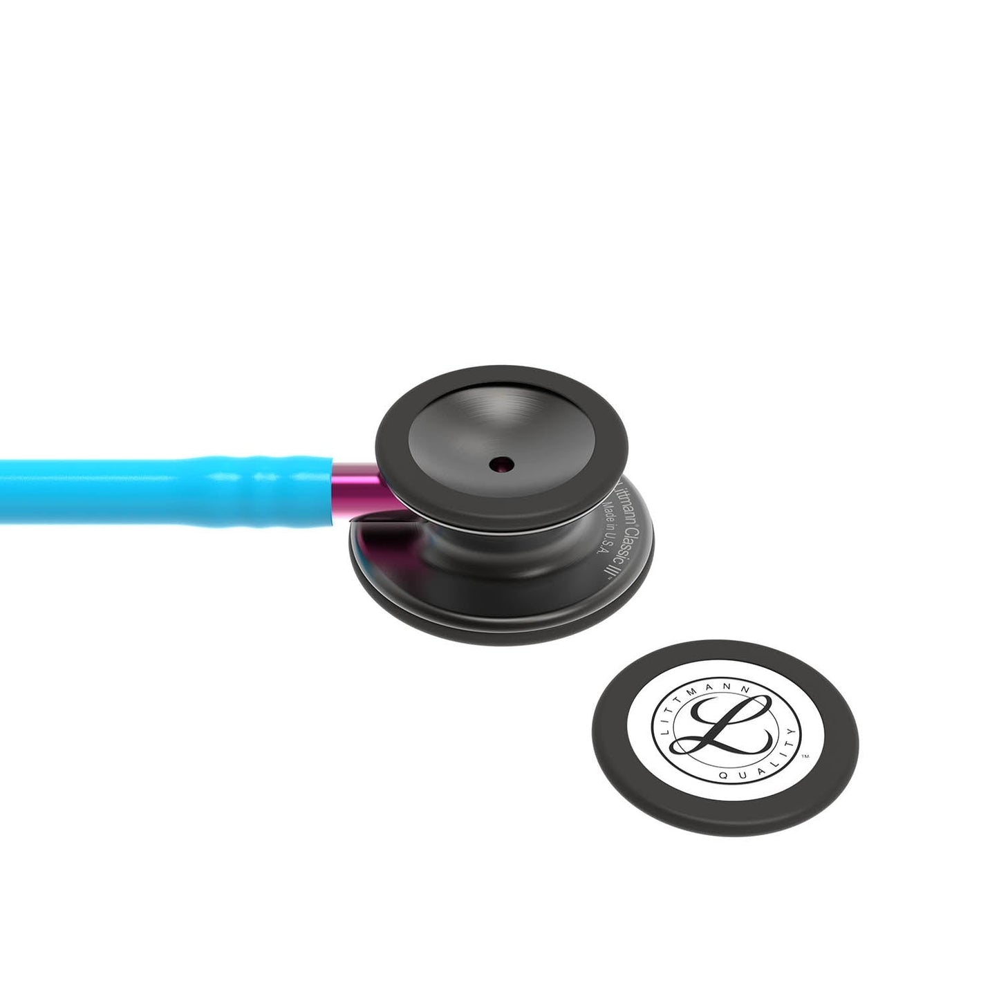 3M™ Littmann® Classic III™ Stethoskop zur Überwachung, 5872, Smoke-Edition Bruststück, türkisfarbener Schlauch, pinkfarbener Schlauchanschluss und rauchfarbener Ohrbügel, 69 cm
