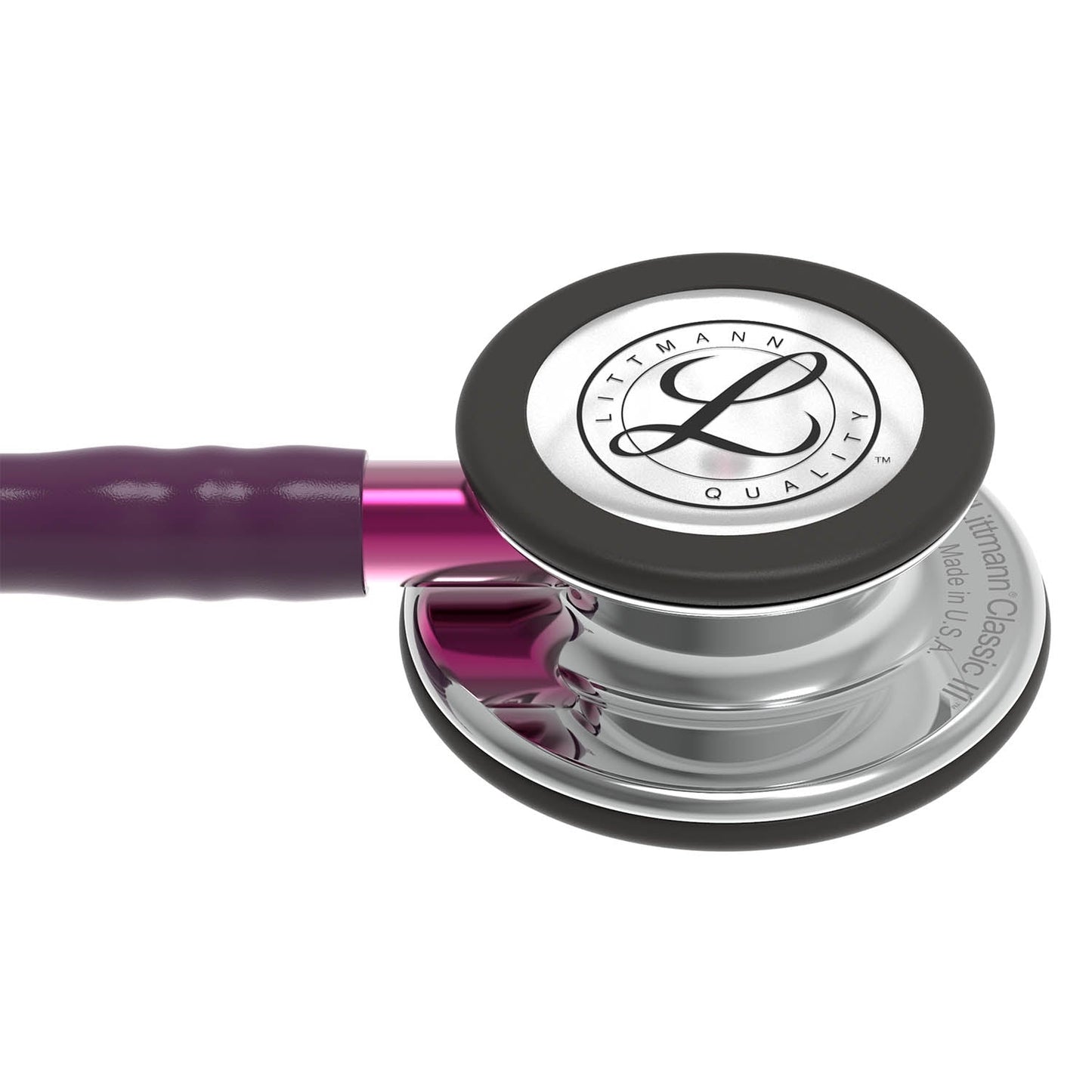 Fonendoscopio para monitorización 3M™ Littmann® Classic III™, campana de acabado en espejo, tubo color ciruela, vástago rosa y auricular color gris humo, 68,5 cm, 5960