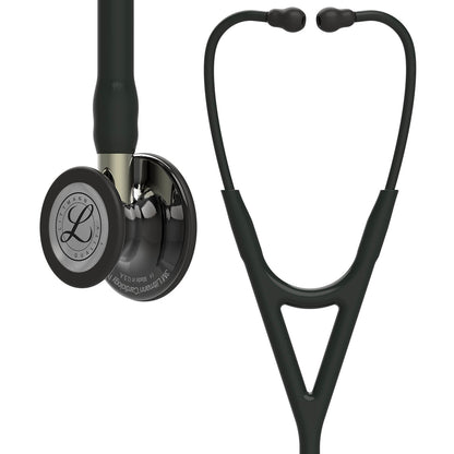 3M™ Littmann® Cardiology IV™ Fonendoscopio para diagnóstico, campana de acabado de alto brillo gris humo, tubo negro y vástago y auricular color champán, 68,5 cm, 6204