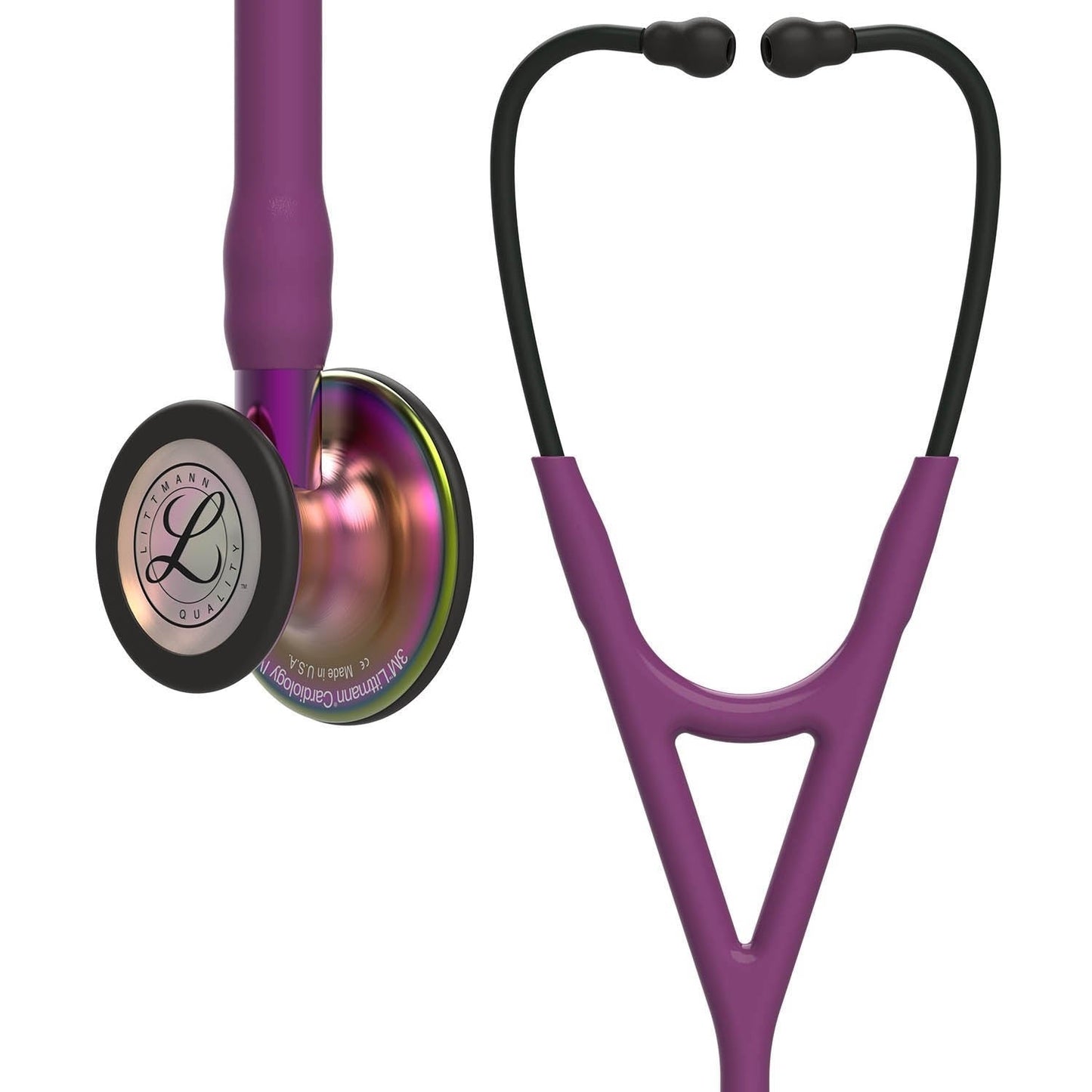 3M™ Littmann® Cardiology IV™ Fonendoscopio para diagnóstico, campana de acabado arcoíris, con tubo color ciruela, vástago morado y auricular color negro, 68,5 cm, 6205