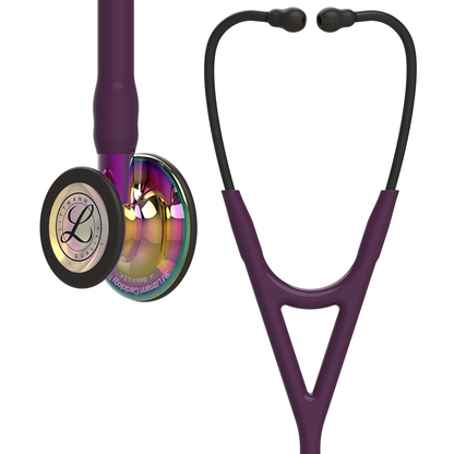 Fonendoscopio 3M™ Littmann® Cardiology IV™, campana de acabado de alto brillo en arcoíris, tubo color ciruela, vástago violeta y auricular negro, 6239