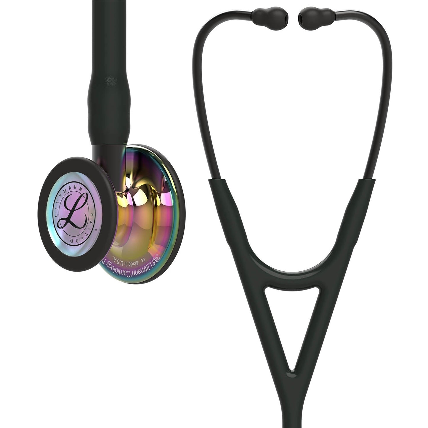 Fonendoscopio para diagnóstico 3M™ Littmann® Cardiology IV™, campana de acabado de alto brillo en arcoíris, tubo negro y vástago y auricular color gris humo, 68,5 cm, 6240