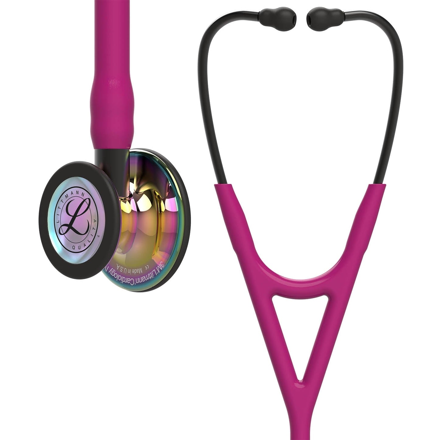Fonendoscopio para diagnóstico 3M™ Littmann® Cardiology IV™, campana de acabado de alto brillo en arcoíris, tubo color frambuesa y vástago y auricular color gris humo, 68,5 cm, 6241