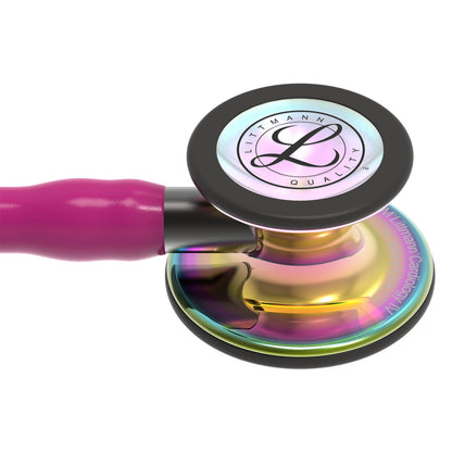 Fonendoscopio para diagnóstico 3M™ Littmann® Cardiology IV™, campana de acabado de alto brillo en arcoíris, tubo color frambuesa y vástago y auricular color gris humo, 68,5 cm, 6241