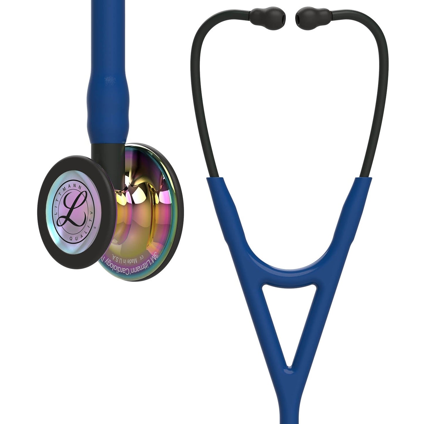 Stetoskop 3M™ Littmann® Cardiology IV™ Diagnostic, mavrični membranski nastavek visoki sijaj, mornarsko modra cev, črn koren in črne slušalke, 68,5 cm, 6242
