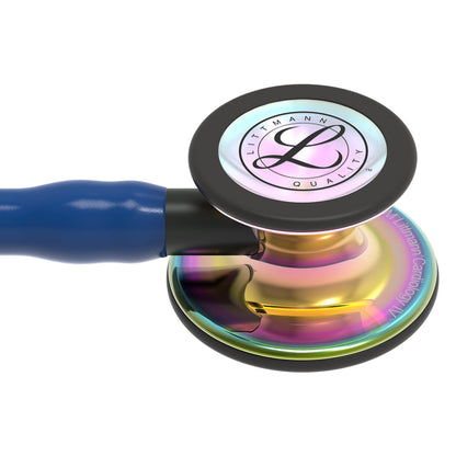 Fonendoscopio para diagnóstico 3M™ Littmann® Cardiology IV™, campana de acabado de alto brillo en arcoíris, tubo azul oscuro y vástago y auricular color negro, 68,5 cm, 6242