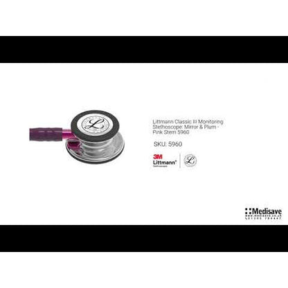 3M™ Littmann® Classic III™ -stetoskooppi, potilasvalvontaan, peilipintainen rintakappale, luumunvärinen letkusto, vaaleanpunainen suppilo ja savunväriset kuuntelukaaret, 27 tuumaa, 5960