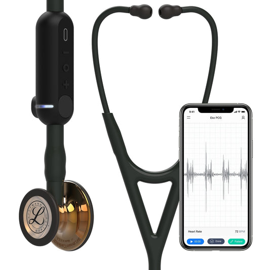 3M™ Littmann® CORE Digital-Stethoskop, hochglanzpoliertes, kupferfarbenes Bruststück, schwarzer Schlauch, Schauchanschluss und Ohrbügel, 69 cm, 8863