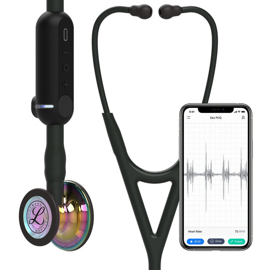 3M™ Littmann® CORE Digital-Stethoskop, 8572, hochglänzendes, regenbogenfarbenes Bruststück, Schlauch, Schlauchanschluss und Ohrbügel in Schwarz, 69cm, 1 Stück